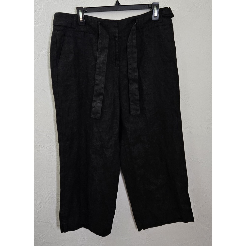 Talbots Women's Size 12 Cropped Pants Black Pure Irish Linen Wide Leg Belt Beach